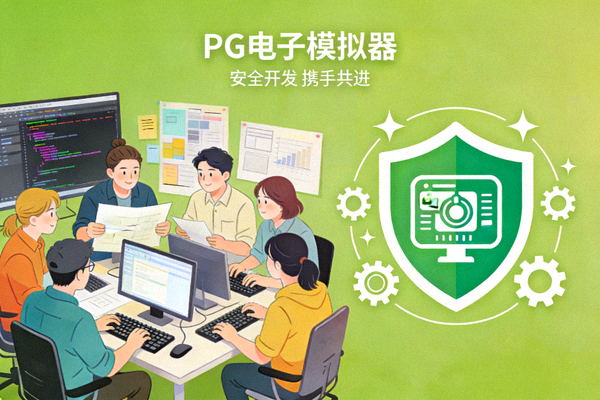 PG电子模拟器品牌故事插图，展示团队协作开发场景与绿色安全盾牌标志