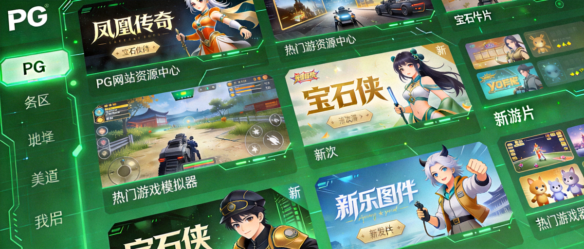 PG网站资源中心展示多款热门游戏模拟器界面，包含凤凰传奇、宝石侠等新游戏卡片，背景为绿色科技风格